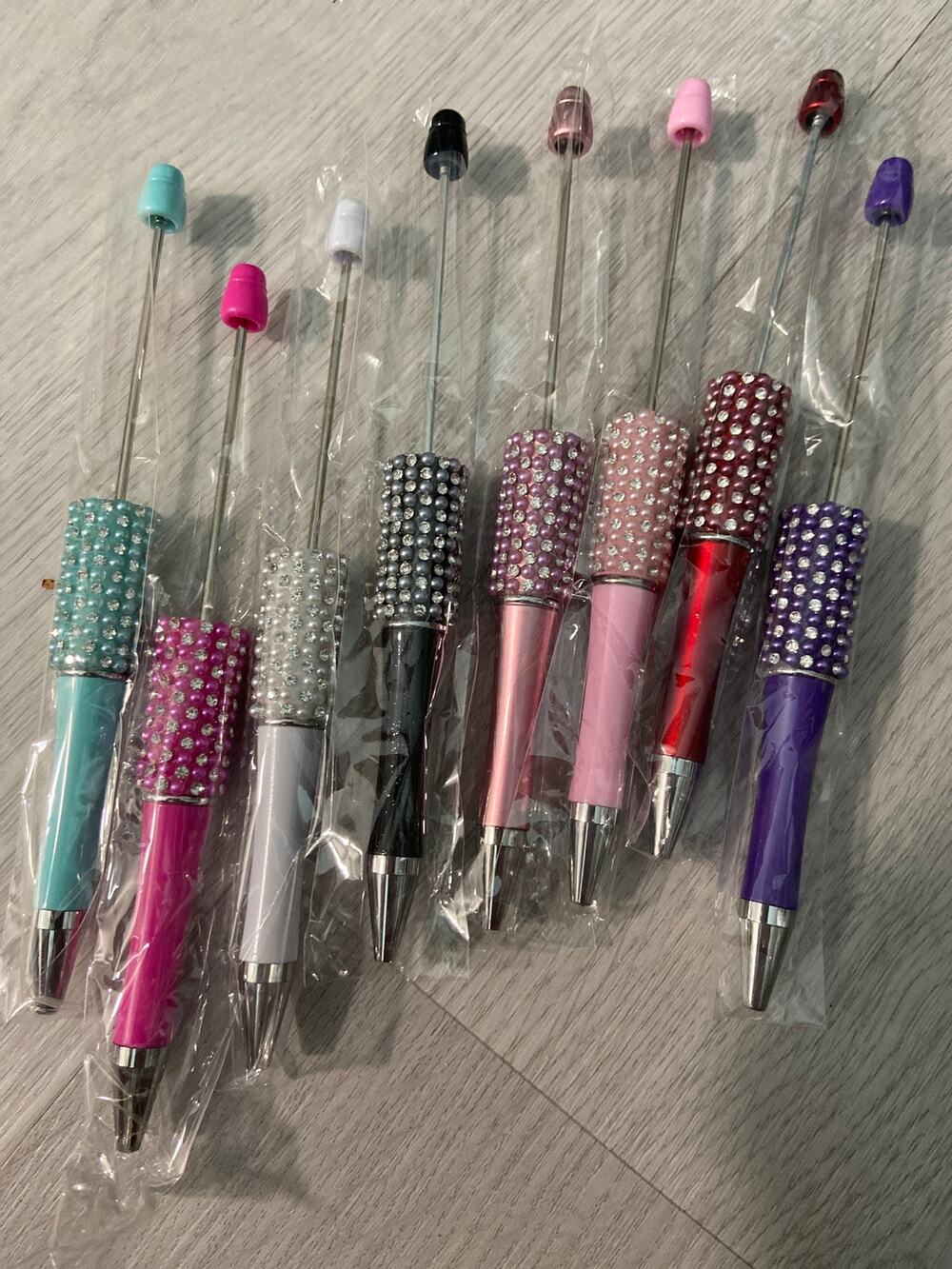 Eight piece faux pearl rhinestone beadable pens assorted colors